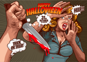 Happy Halloween comic-style hand with bloody knife and woman screaming