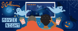 Cartoon Halloween movie night graphic with two people watching movie with popcorn