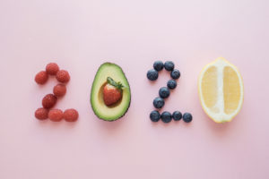 2020 made from healthy food on pastel background, Healthy New year resolution lifestyle