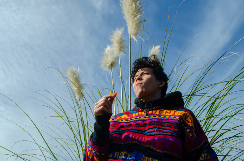 Man with colorful sweater on nature walk and eating edible with blue sky background and tall grass